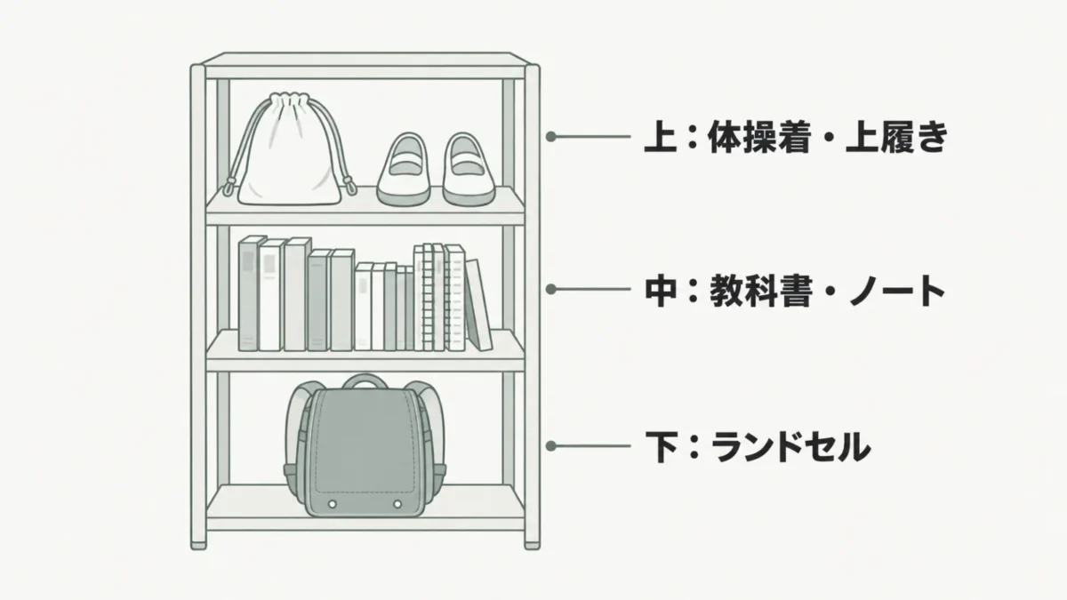 腰高シェルフの段ごとにランドセル・教科書・体操着を割り振った学用品置き場の図
