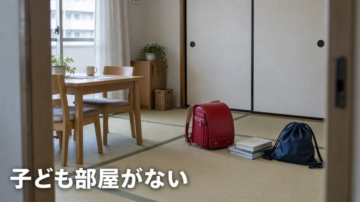 子ども部屋のない団地のリビングに置かれたランドセルと学用品