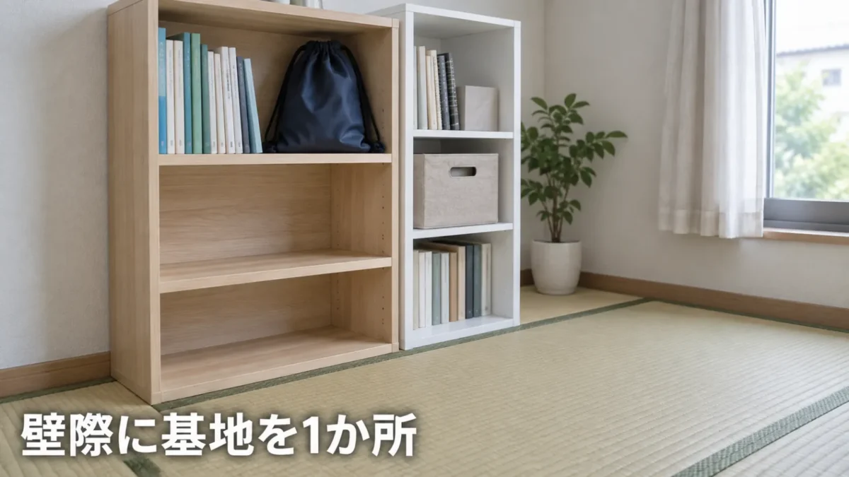 リビングの壁際に置いた腰高のシェルフとカラーボックスの学用品置き場