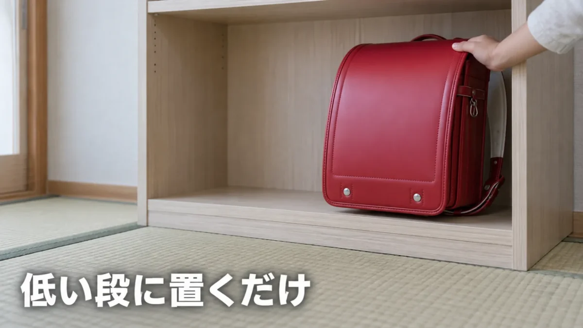 腰高シェルフの下段に置かれたランドセル