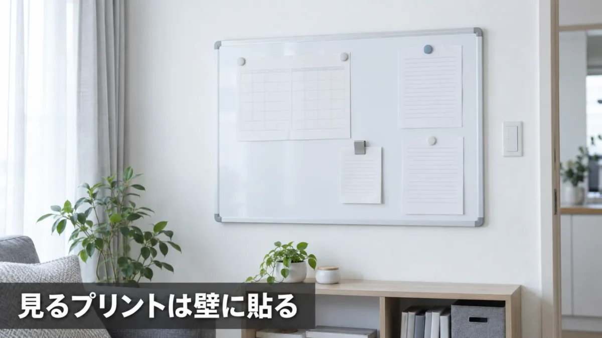 リビングの壁に掛けたホワイトボードに学校のプリントを貼った情報ステーション