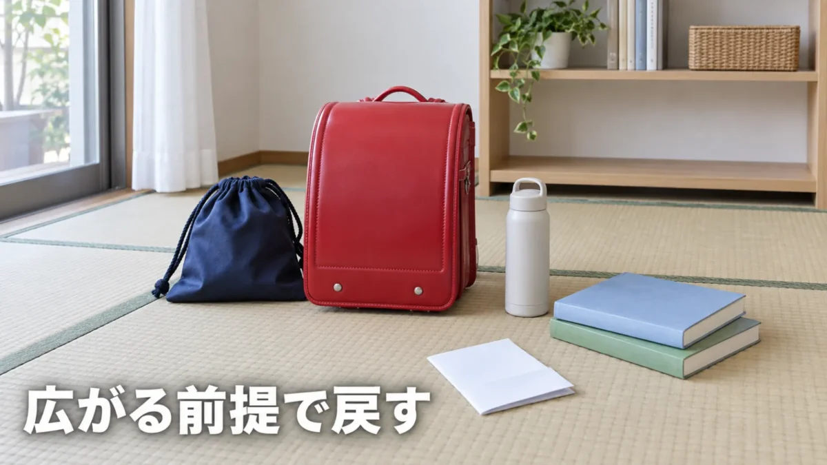 リビングの床に広がった学用品と、それを戻すためのシェルフ