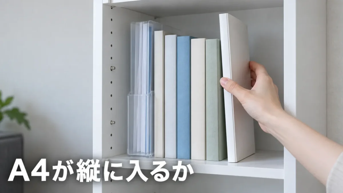 カラーボックスの棚に教科書を立てて入れている様子
