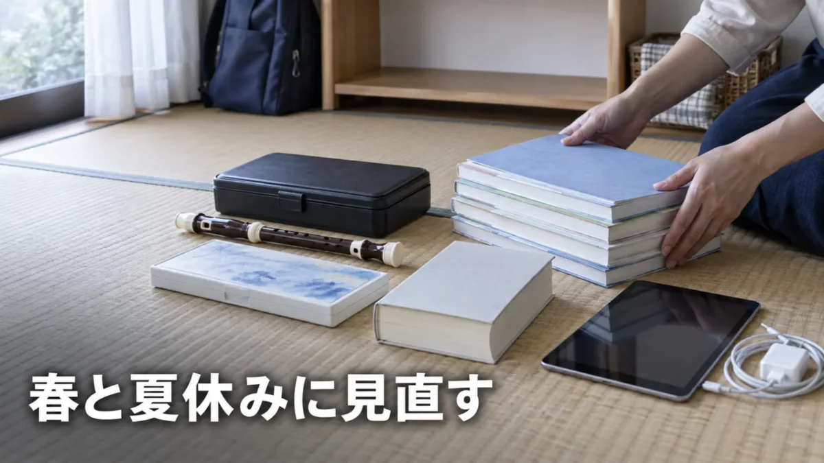 新学期の前に学用品の置き場を見直している様子