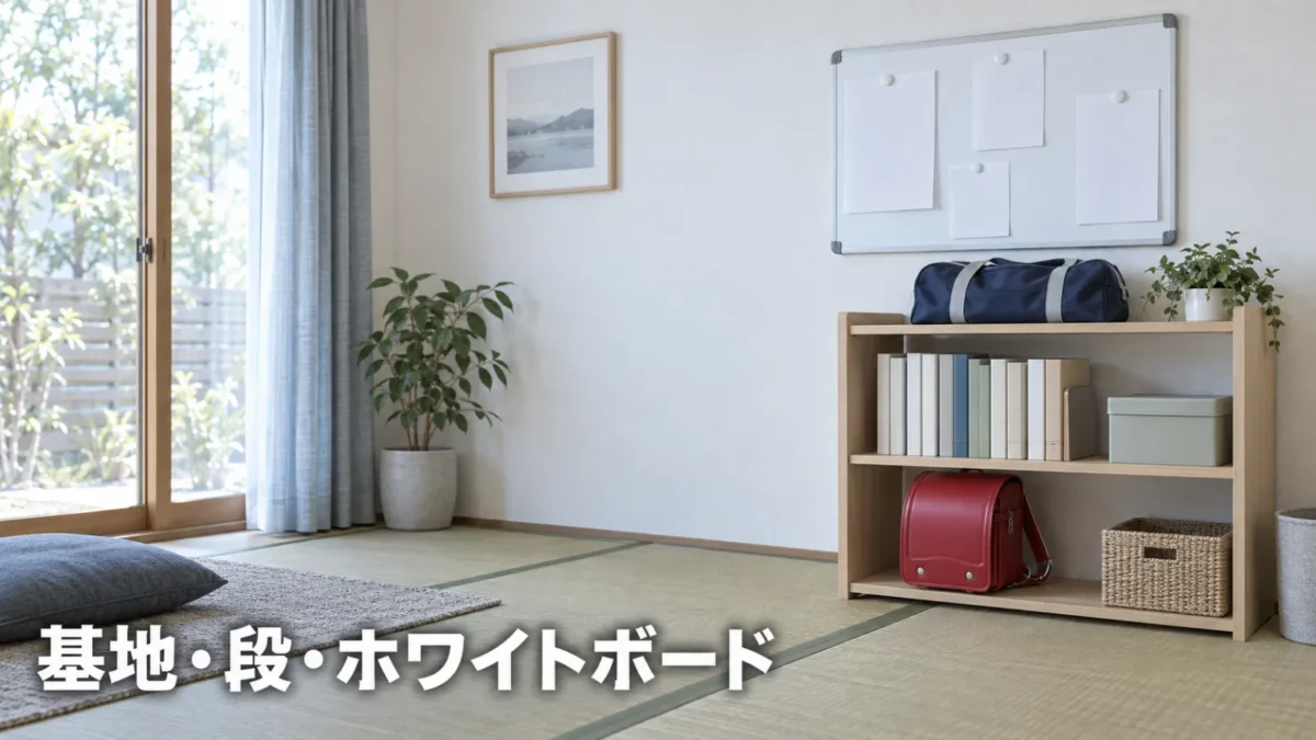 リビングの壁際に整った学用品の基地