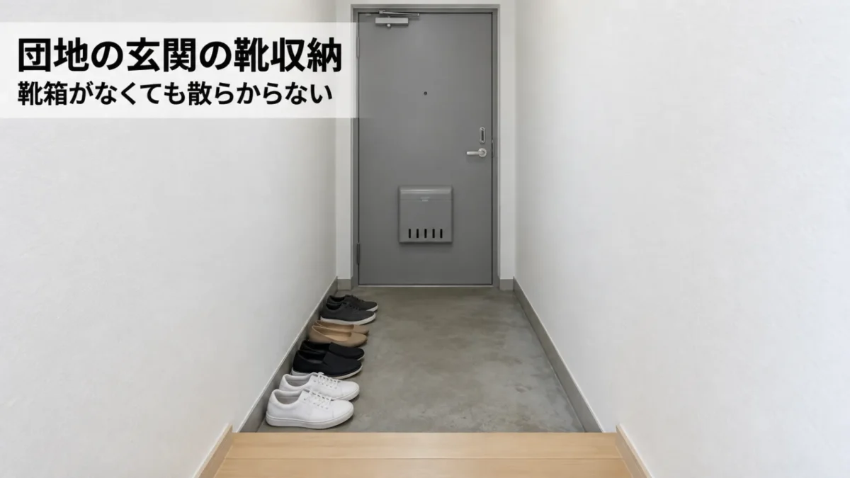 靴箱のない団地の狭い玄関に靴を4足だけそろえて置いた様子