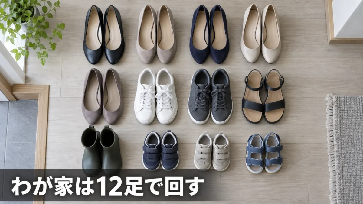 家族の靴を並べて数を確認している様子