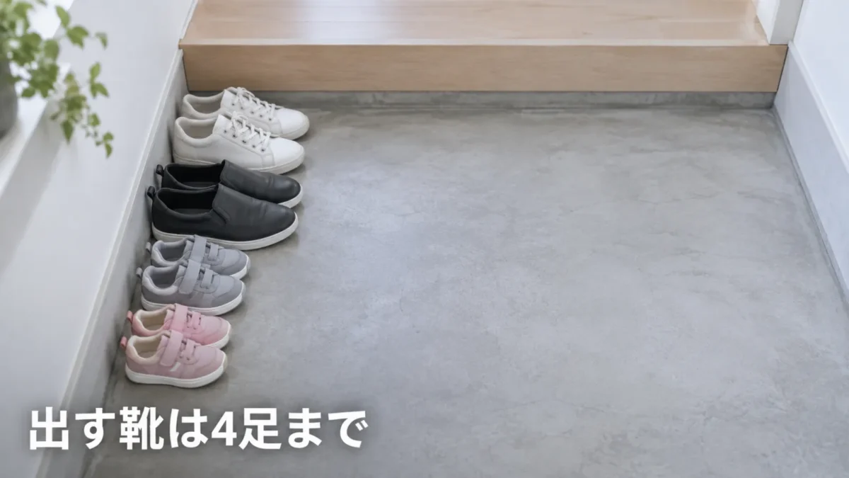 団地の玄関のたたきに4足だけ靴をそろえて置いた様子