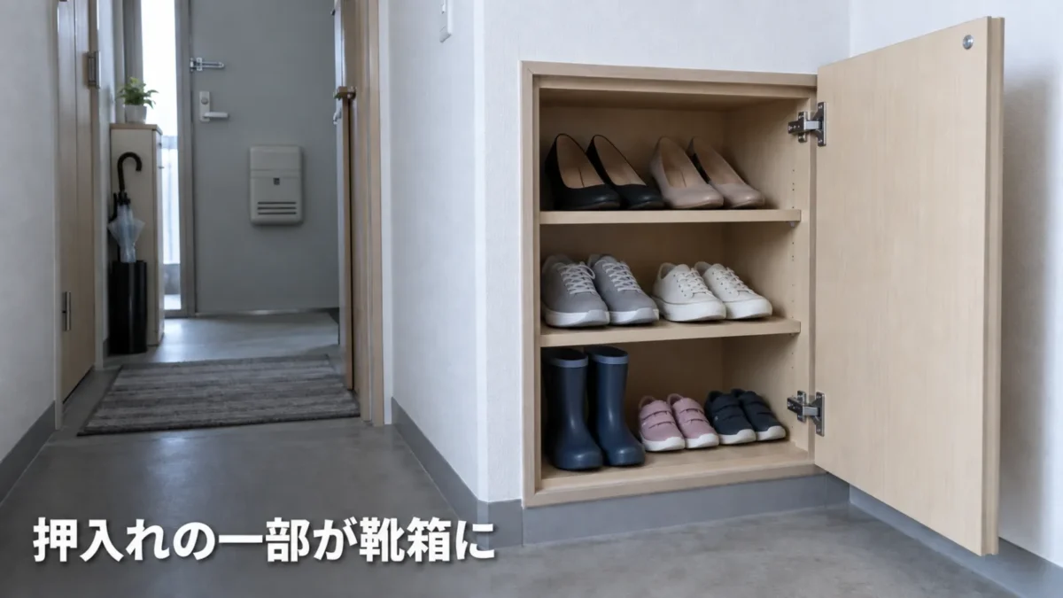 廊下側に扉が付いた押入れの中段を靴箱として使っている様子