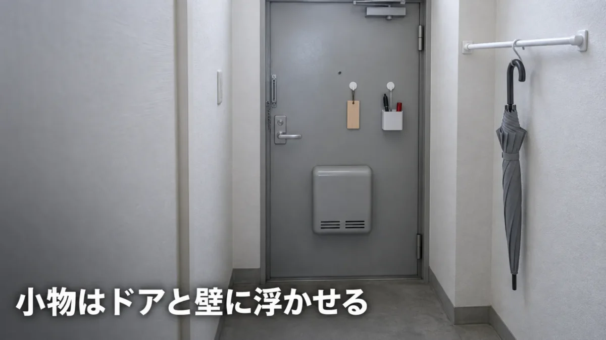 団地の鉄製の玄関ドアにマグネットで付けた小物入れと当番札