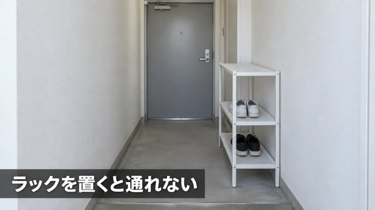 スリムなシューズラックを団地の狭い玄関に置いた場合の通路の狭さ