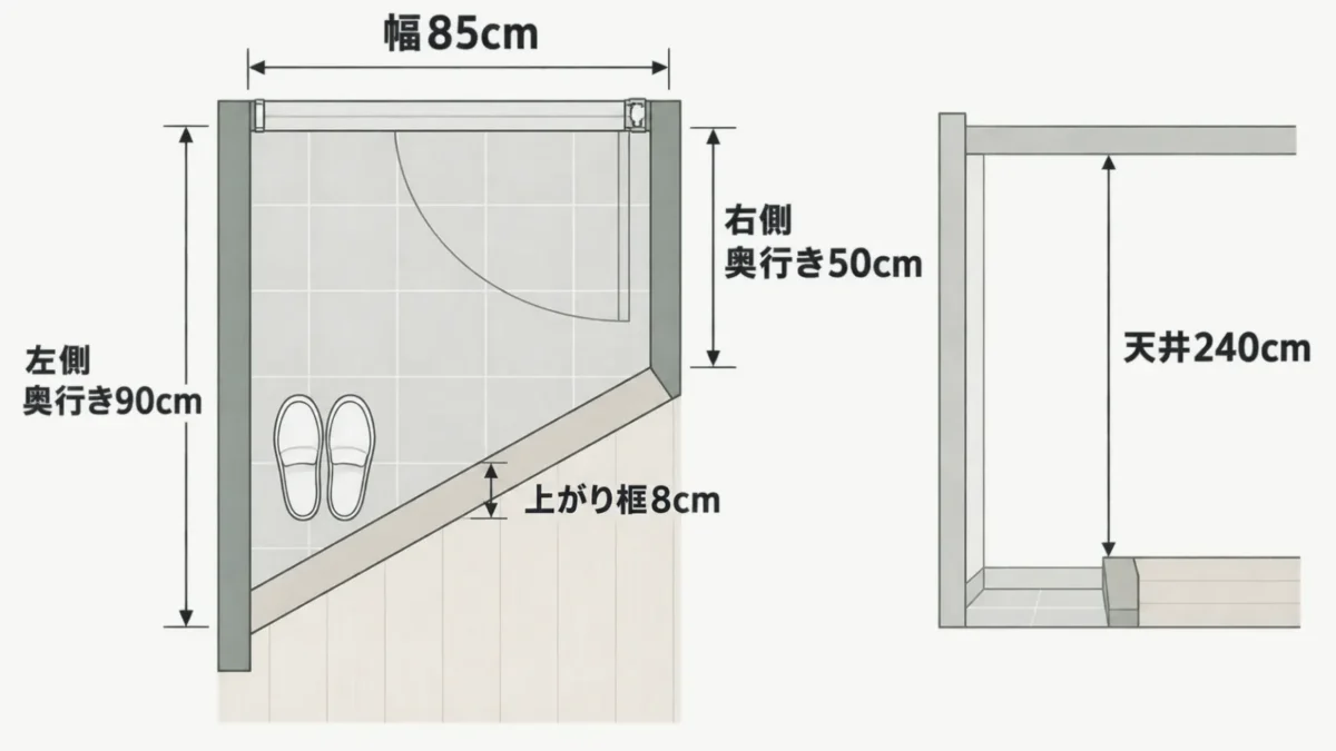 幅85cm・奥行き50〜90cm・上がり框8cmの団地の玄関の寸法図