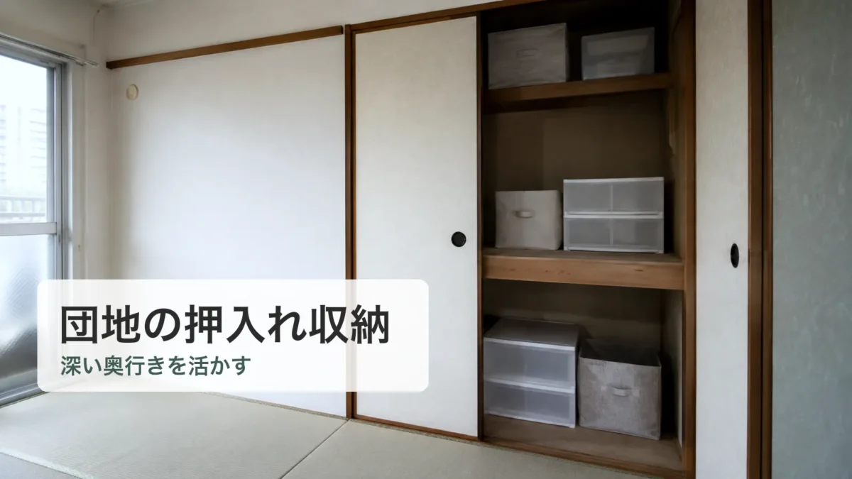 団地の押入れを整理して収納ケースを並べた様子
