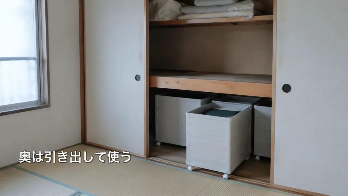押入れの奥行きに合わせた引き出し式収納ケースを配置した例