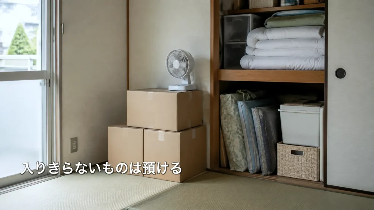押入れに入りきらない荷物を箱にまとめた様子