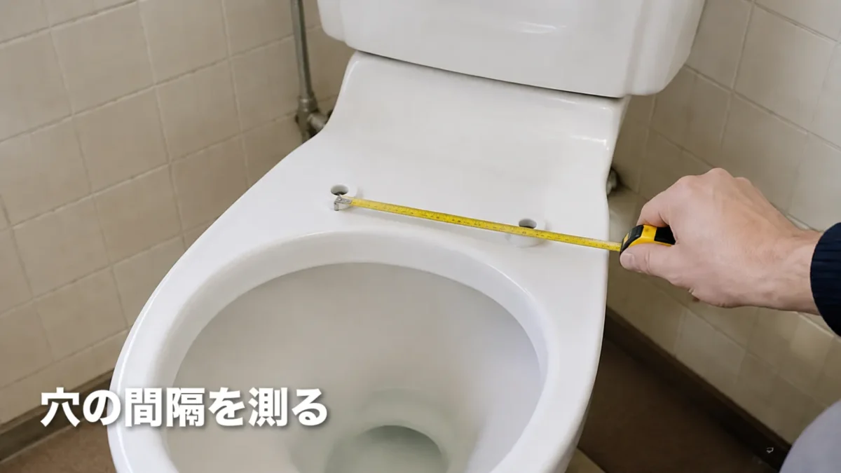 便座の取り付け穴の間隔をメジャーで測っている手元