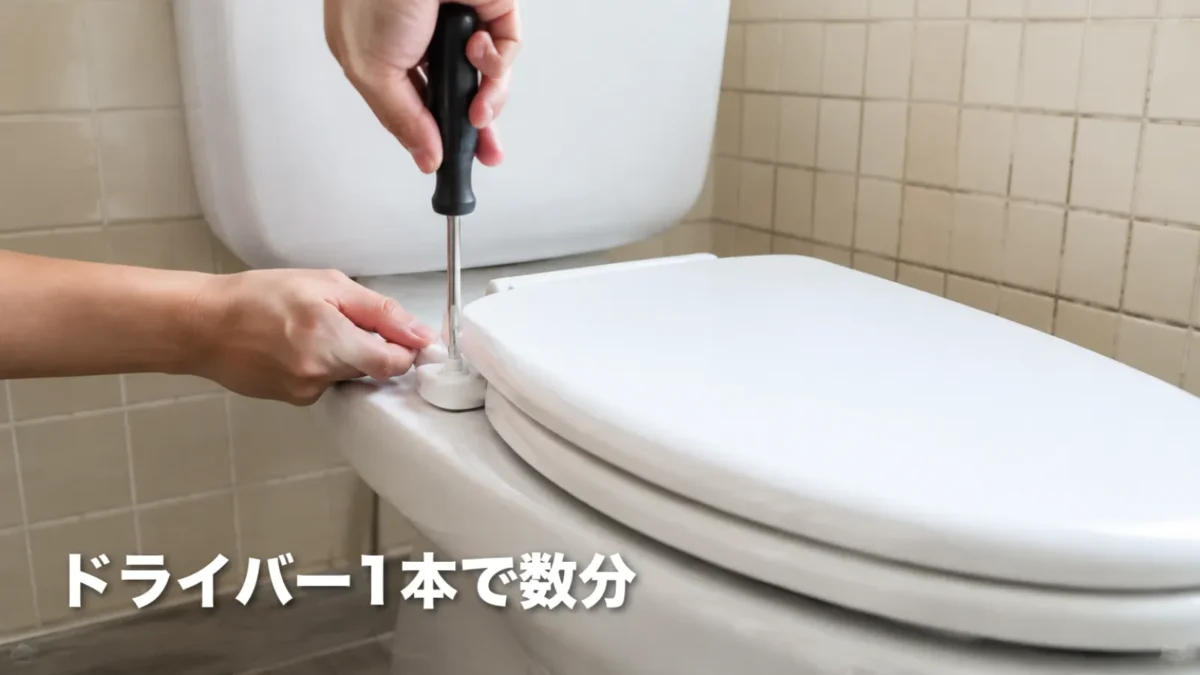 ドライバーで便座の取付ネジを締めている手元