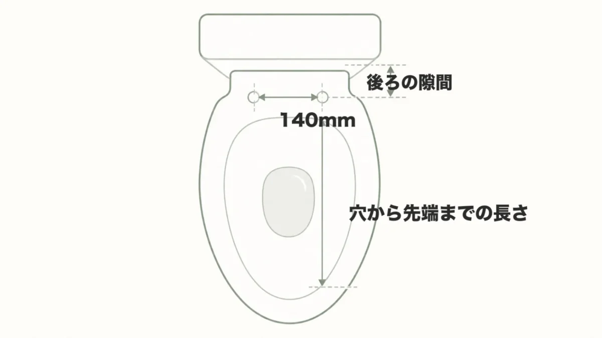 便座の取り付け穴の間隔140mmと便器の前後の長さを示した図